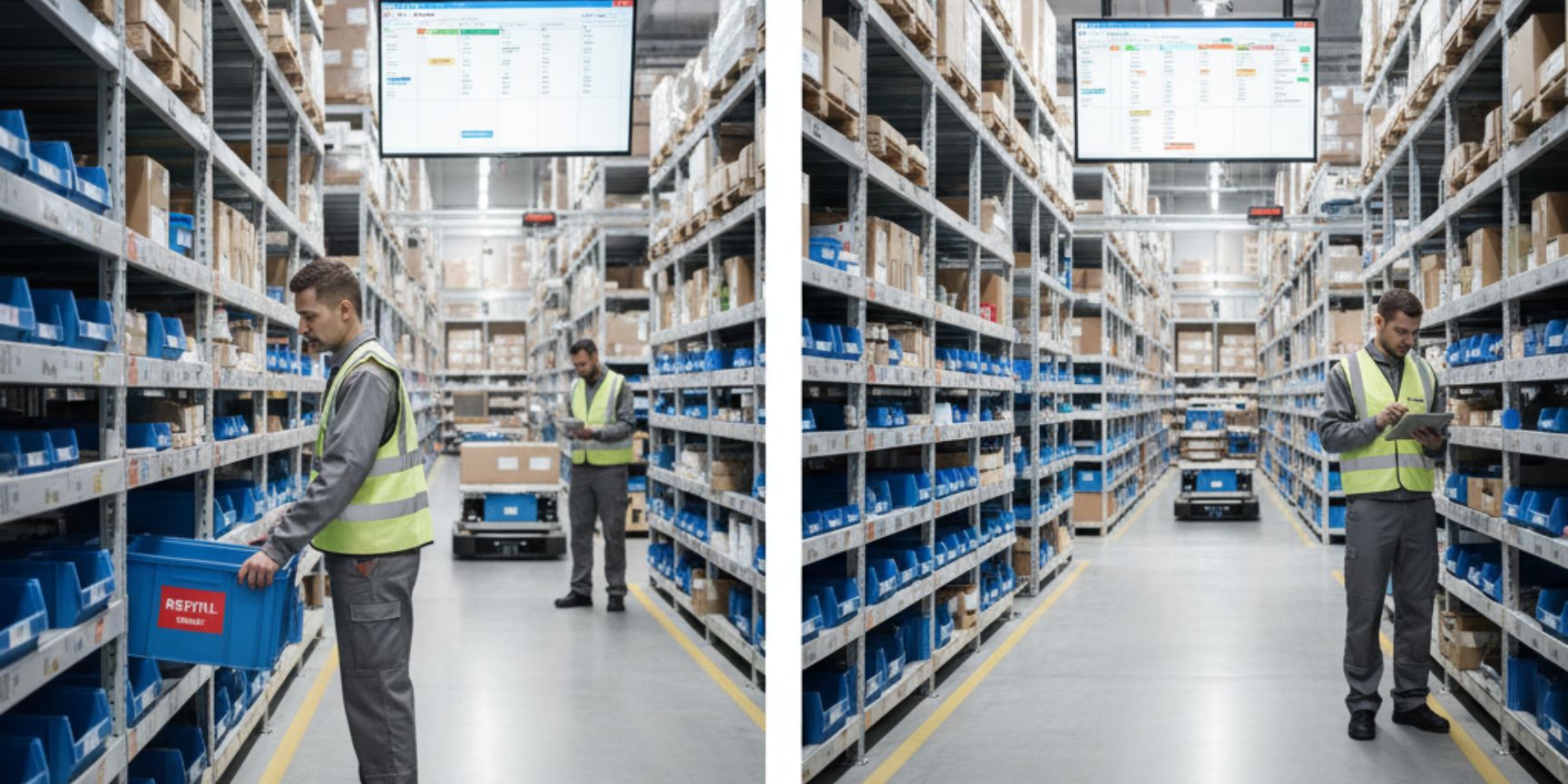 Ein Logistikmitarbeiter in Arbeitskleidung, der in einem Lagergang einen leeren blauen Behälter mit der Aufschrift 